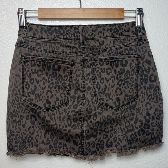 MUDD Mini Skirt size 3 Stretch Denim Cut Off Leopard Print Brown Tan Y2K 2000's - Picture 8 of 16